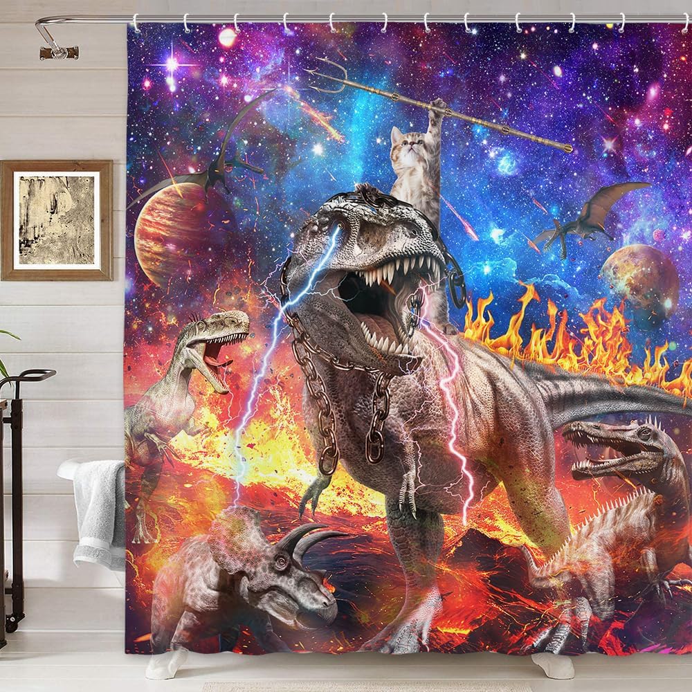 Cortină de Duș Impermeabilă Pisică Fantastică Călărind Dinozaur - Artă Val Stea pentru un Decor de Baie Unic și Jucăuș