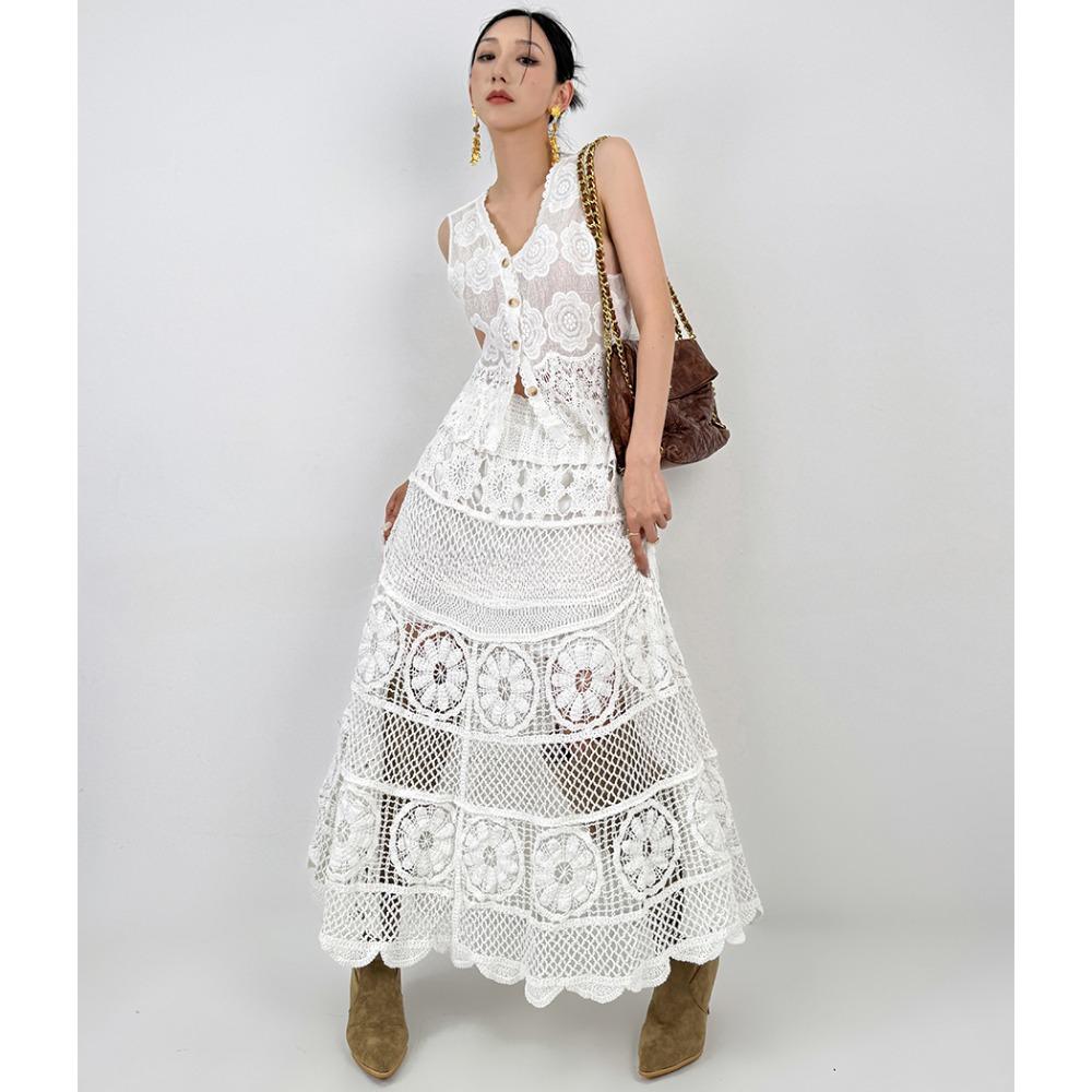 Dimanaf 2025 Neuer Anzug Rock Strick Strand Spitze Ärmellos Damen O-Ausschnitt Lochmuster Sommerstil Oberteile T-Shirts Locker Basic