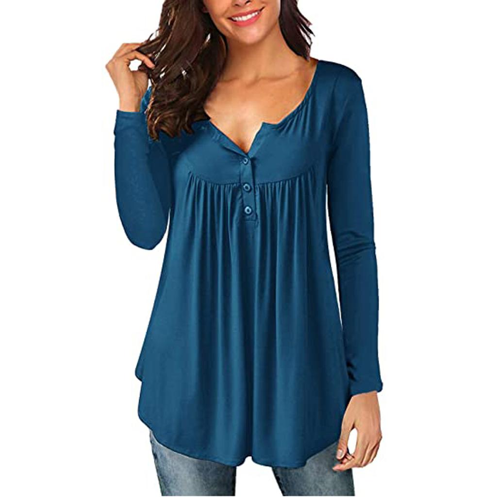 Ladies Fashion V-neck Button Pleated Long-sleeved Sleeves Two-wear Loose Top