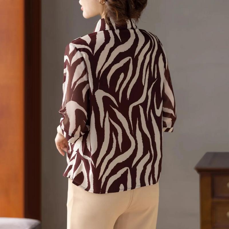 Women Black White Zebra Print Half Sleeve Chiffon Button Down Shirt