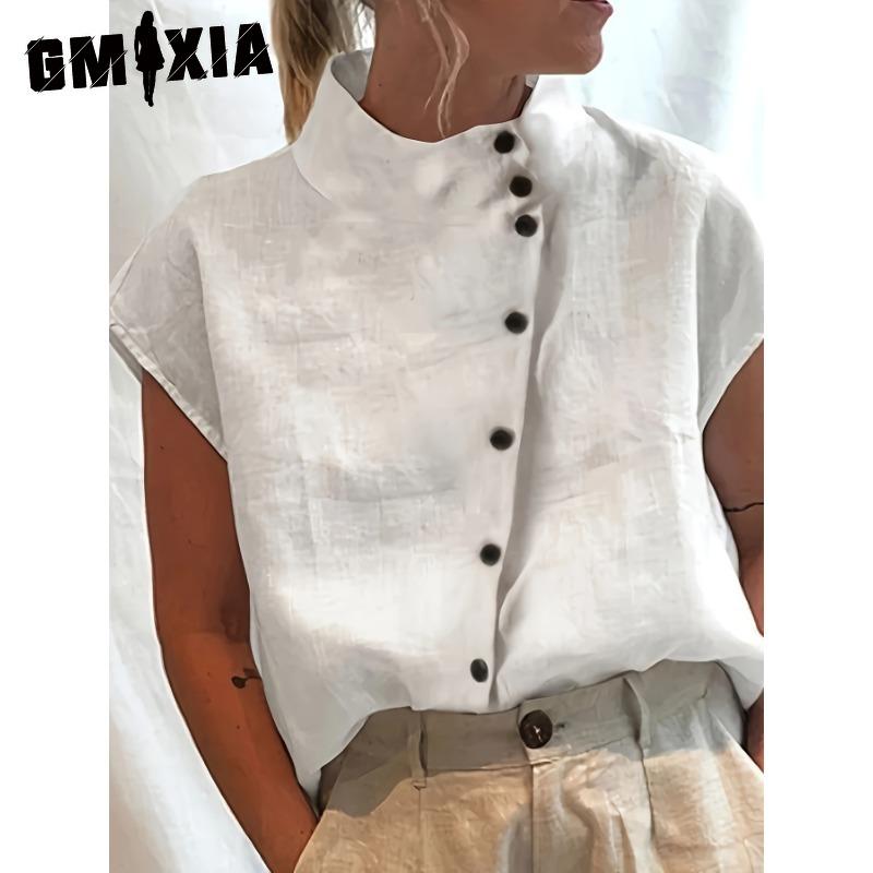 

GMXIA Женские модные повседневные однотонные блузки и рубашки с короткими рукавами и принтом M белый