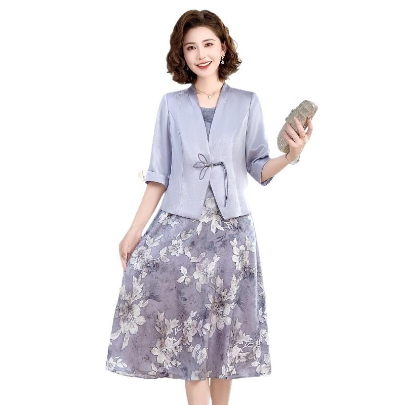 Set Elegant de Vară din Două Piese pentru Femei Mature - Palton și Rochie de Inspirație Tradițională Chineză