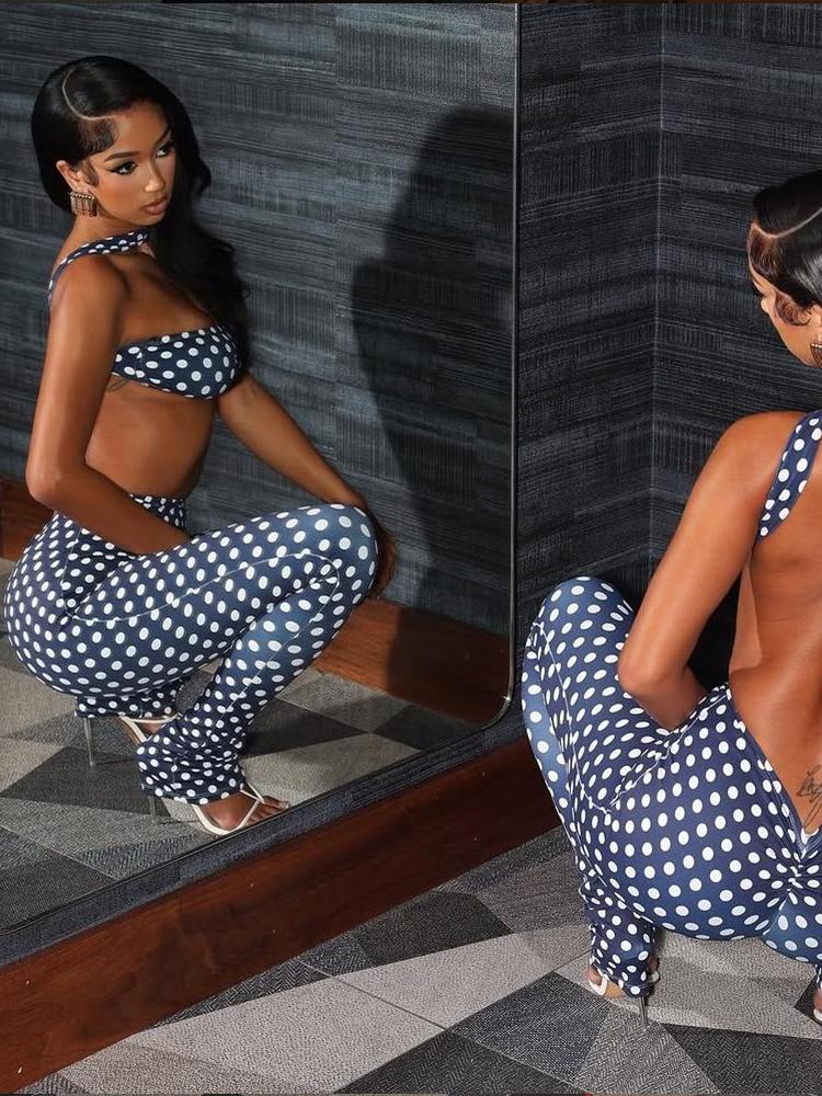Sexy Fashion 2 Piece Set Woman Polka Dot Print Irregular Halter Backless Tank Tops+Skinny Long Pants Street Suit