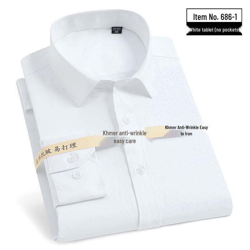 Men's Korean Style White Cotton Long Sleeve Shirt - Formal Business Attire for Middle-Aged & Young Professionals.