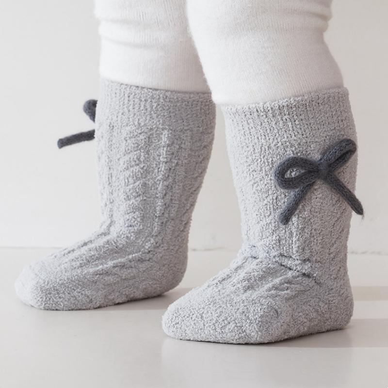 Baby Socks Solid Cotton Soft Long Princess Socks Plugging And Thickening with Cute Bow Boy Girls Stretchy Warm Cozy Casual Socks