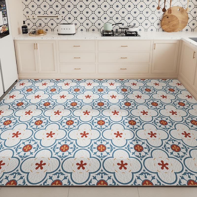 Large PVC Kitchen Floor Mat Waterproof Non-slip Green Rug Geometric Flower Design Home Decoration Rugs Durable Leather Carpet