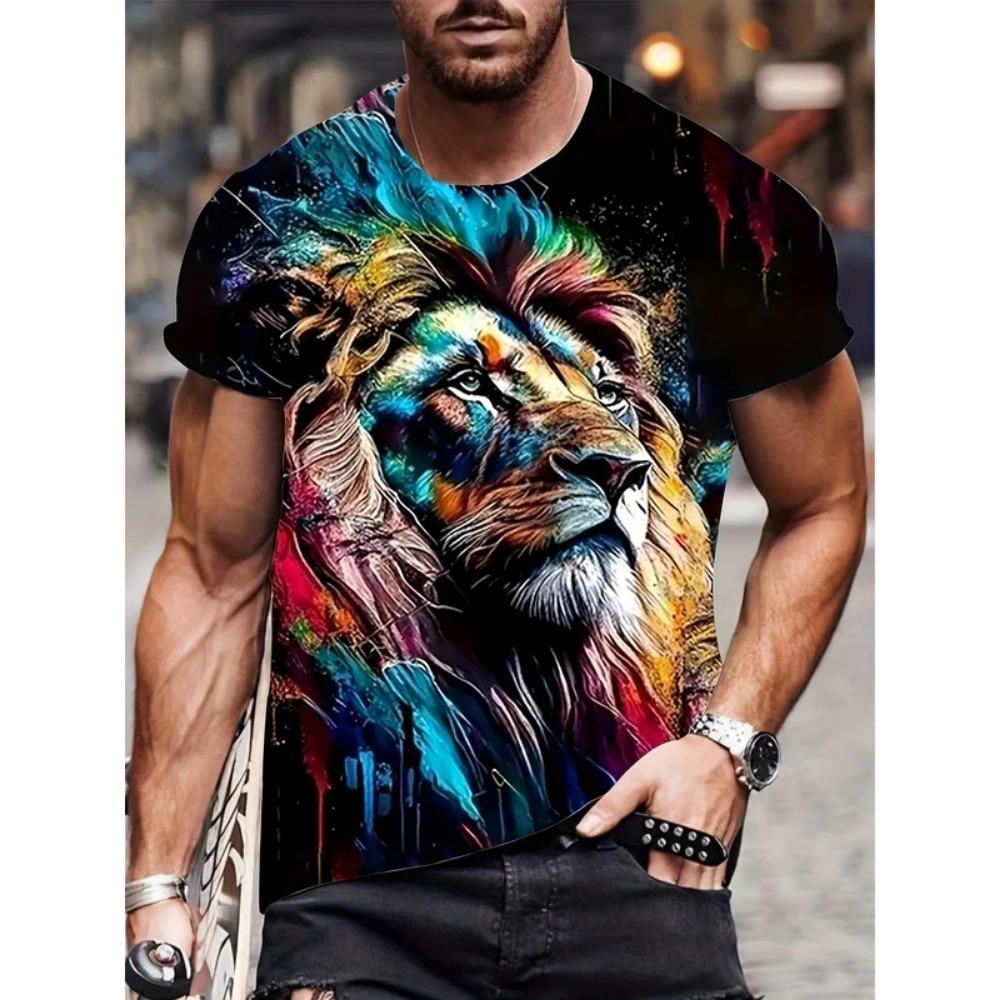 Fashionable Men's Loose T-Shirt with Animal Pattern, Short Sleeve, Crew Neck, Street Style Clothing
