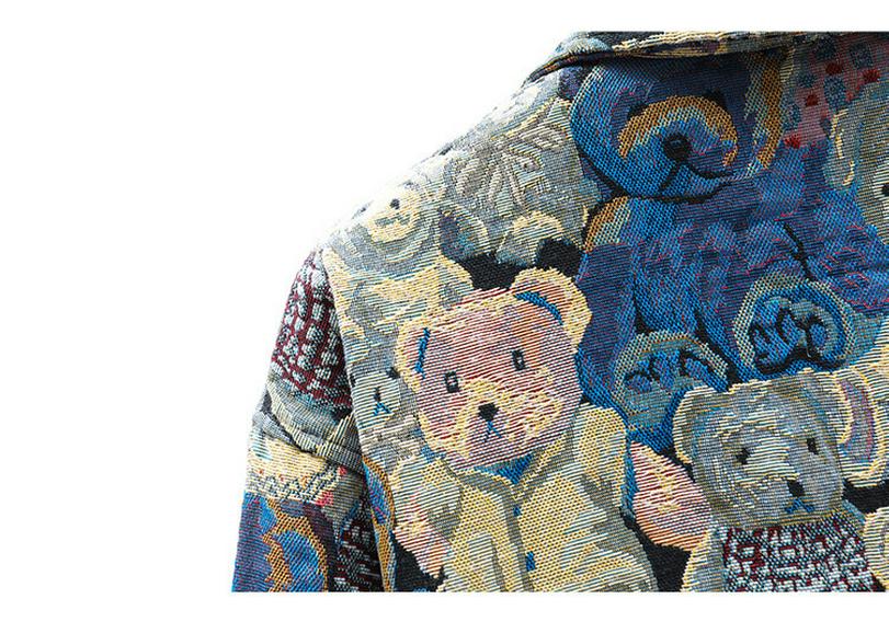 Men's Trendy Denim Bear & Flower Jacket - Cotton, Loose Fit, Wear-Resistant, Big Sizes Available