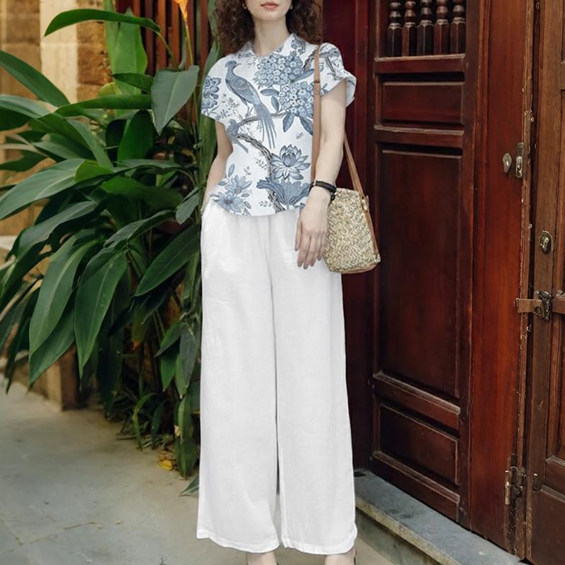 ZANZEA Women Short Sleeve Print Blouse and Long Pants Casual Two Piece Suit Sets