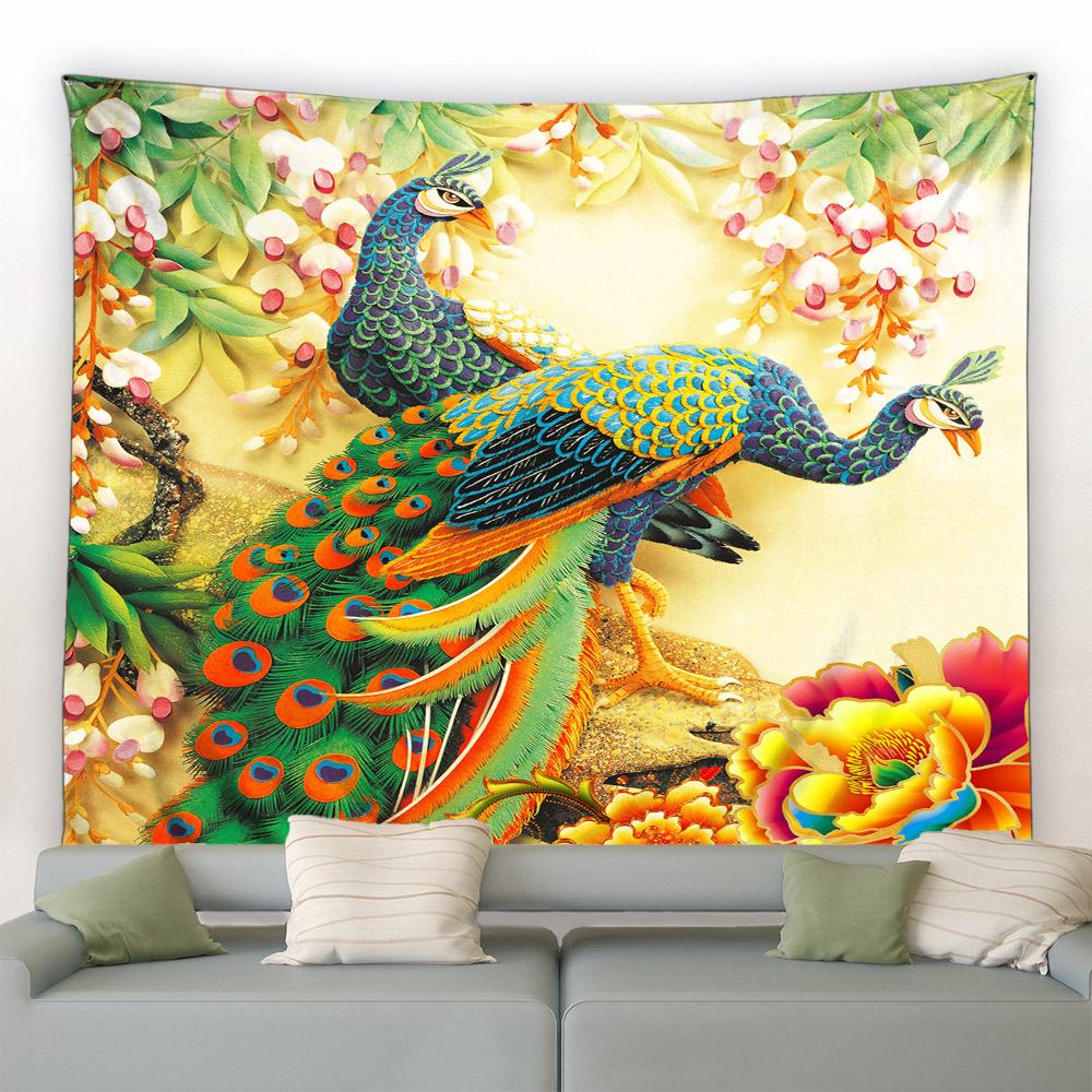 Cute Peacock Tapestry Peony Flower Butterfly Bird Wall Hanging Chinese Landscape Painting Tapestry for Living Room Bedroom Decor