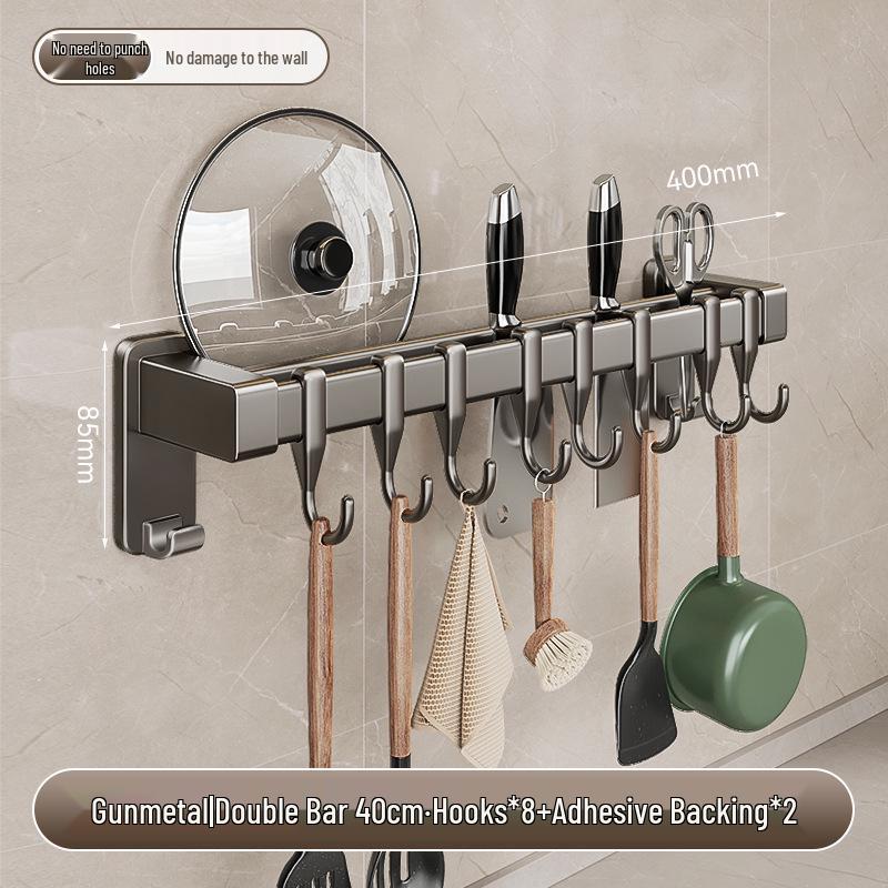 Gun Gray Kitchen Rail Hook Punch-Free Multi-Functional Organizer: Spoon, Spatula, Knife Holder with Hanging Hooks