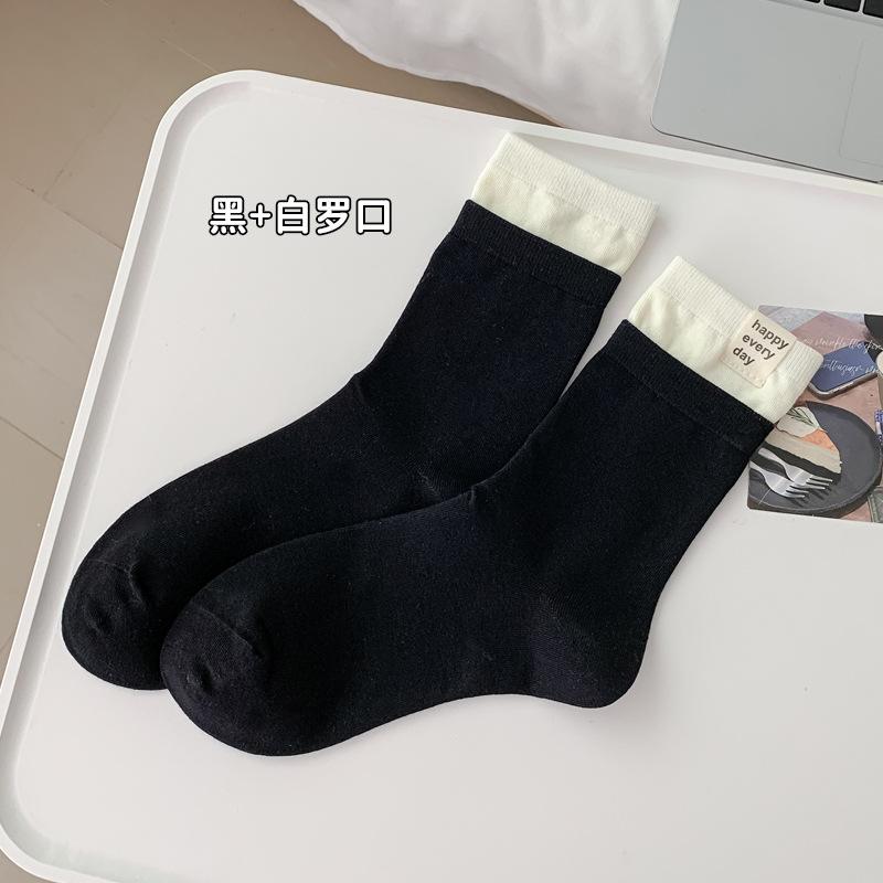 

Женские весенние универсальные вышитые носки-средние гольфы с логотипом из махровой ткани с двойной резинкой 1 pair белый/чёрный