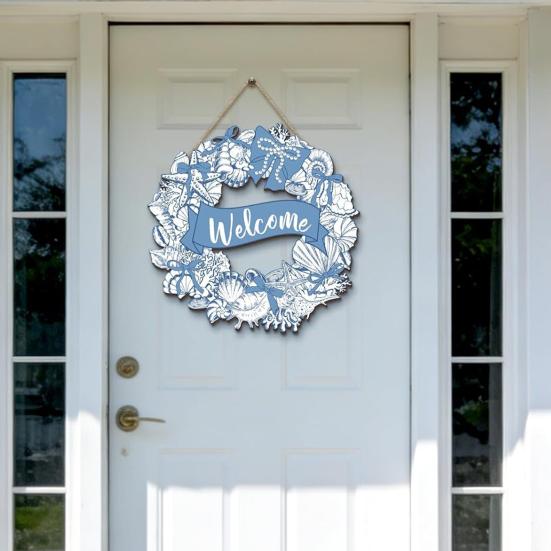 Welcome Summer Sign Shells Starfish Wall Hanging Wreath Farmhouse Coastal Beach Wooden Round Door Hanger for Front Door Porch Courtyard Decor