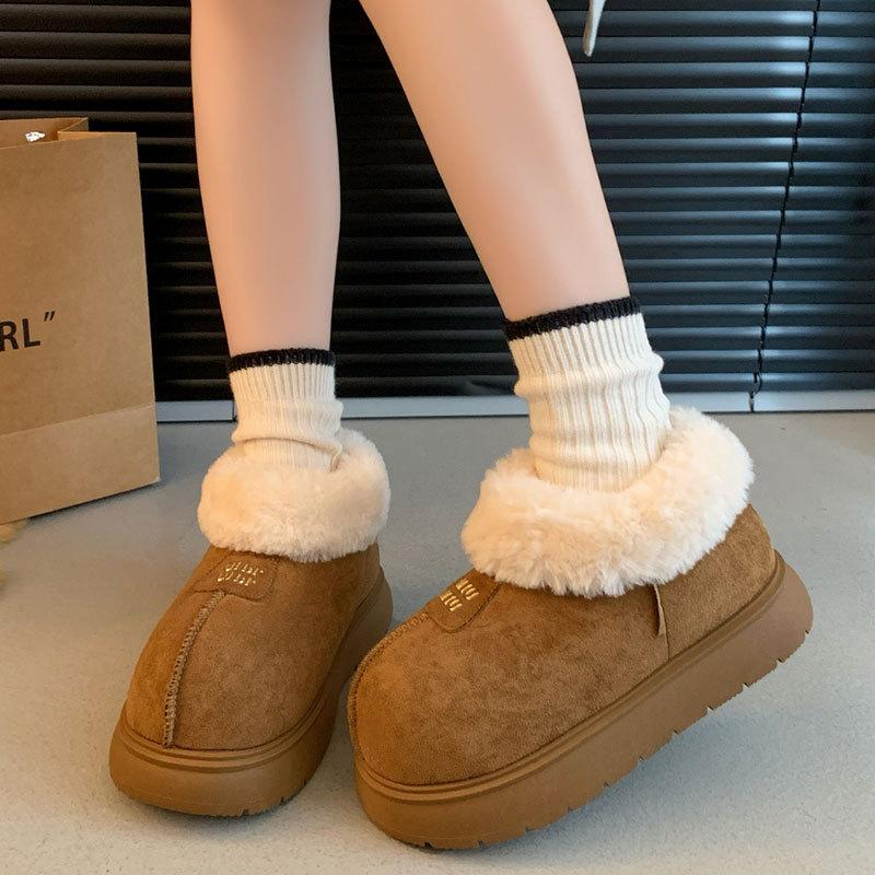 Winter retro ugly cute women's shoes frosted fur shoes plush snow cotton boots one pedal thin big head bread shoes