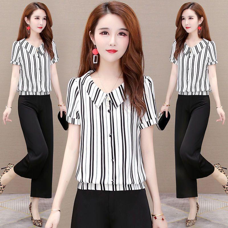 Versiunea coreeană cămașă cu dungi cu mâneci scurte bluză cu gât de păpușă cu fundul vară nou Top M-3XL