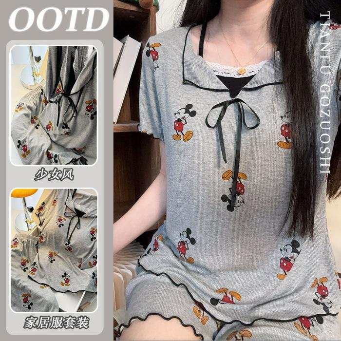 

Spring new cloud cotton pajamas women s simple printing loose Korean version sweet and cute loungewear suit women M