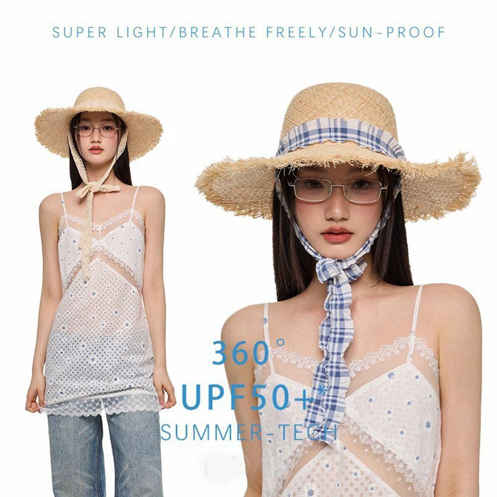 UV Protection Beach Hat Ribbon Weave Straw Cap Casual Sun Protection Cap  Vacation