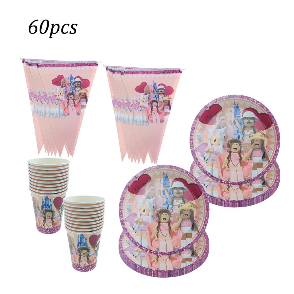 Pink Robloxed Theme Birthday Party Decorations Tableware Set Balloons Cups Plates Banner Backdrop Girls Baby Shower Supplies for Round Sensory 3