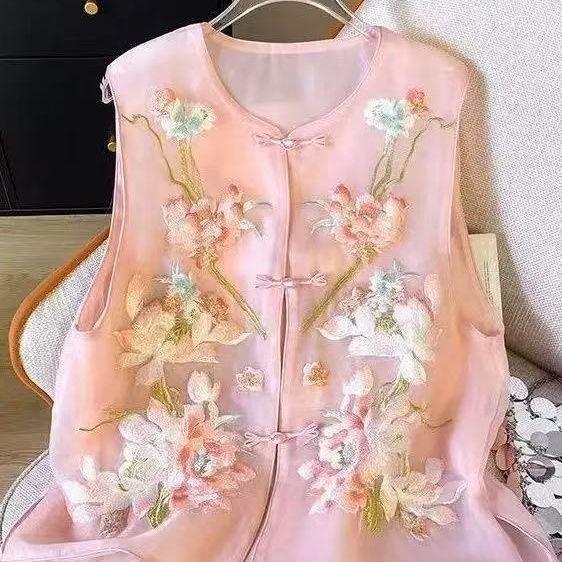 

Белый пион вышитый жилет женский летний высококачественный органза жилет на пуговицах топ 3XL (138-75kg recommended) розовый