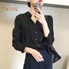 Women Shirt Lapel Long Sleeve Glossy Fabric Formal Shirt Top Buttons Closure Solid Color Smooth Business Date Shirt