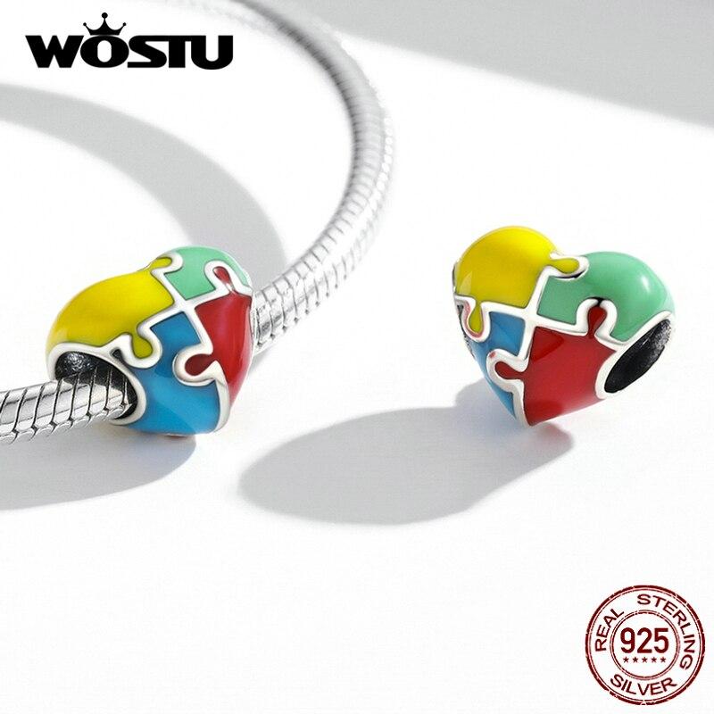 WOSTU 925 Sterling Silver Charm Love Jigsaw Colorful Bead Pendant Fit Original Bracelet Necklace For Women Jewelry