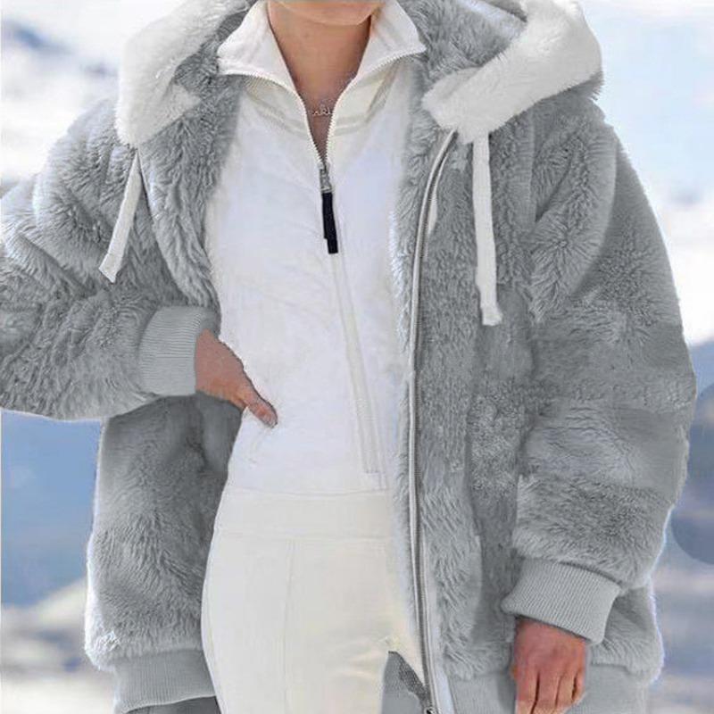 Women Loose Thick Plush Zipper Hooded Fall Winter Outerwear Coat