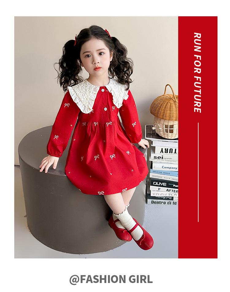 Spring Lace Collar Dress for Girls - Bow Embroidered Princess Skirt