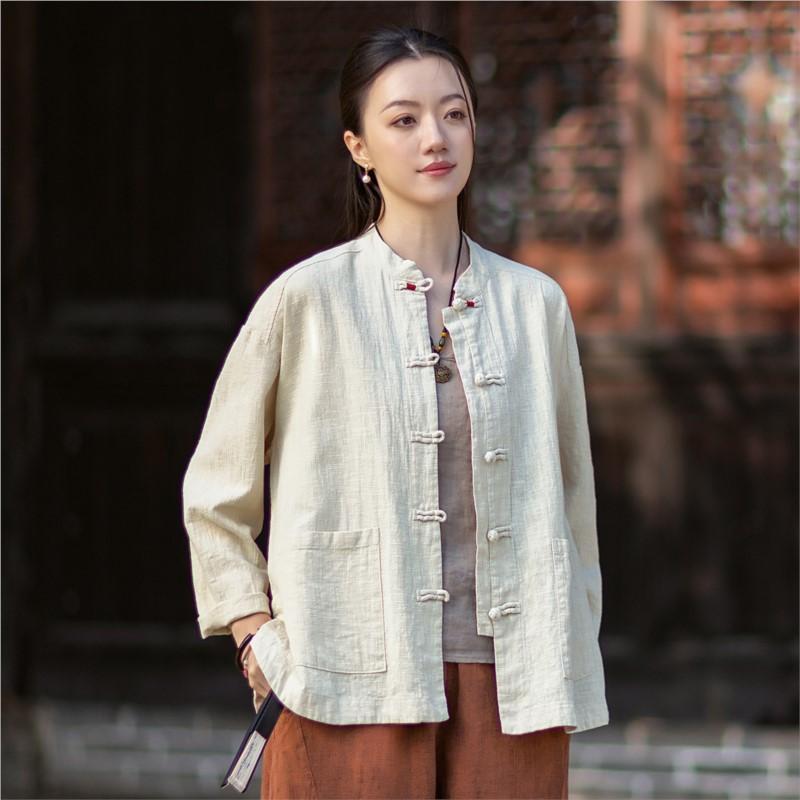 Johnature Women Vintage Shirts Tops Spring Chinese Style Solid Color Stand Long Sleeve Pockets Blouses