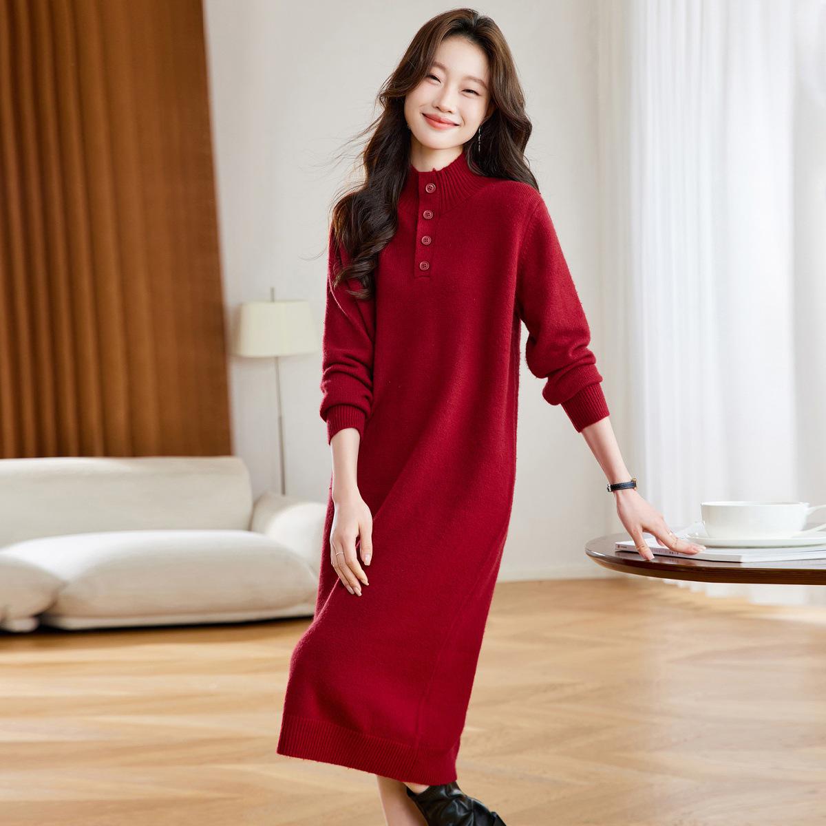 

Petite Slimming High Neck Knit Dress for Women - Autumn/Winter 2025 Mid-Length L красный