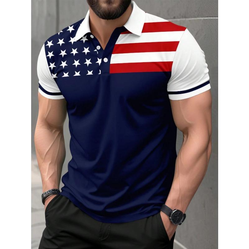Fashion US flag Pattern Men's Short-sleeved Button Up 3D Digital Printed Polo Shirt Summer Casual Simple Pattern Popular Tops
