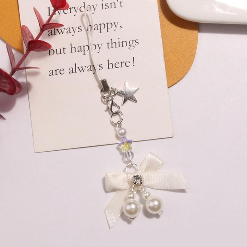 Pearls Beaded Phone Lanyard Bowknot Pendant Wrist Strap Detachable Phone Chain Keyring Portable Accessories for Women