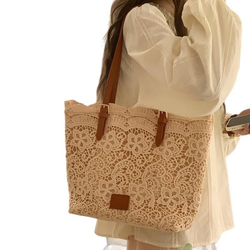 Lace Tote Bag Women Large Capacity Soft Structured Shoulder Sweet Chic Style Casual Travel Handbag