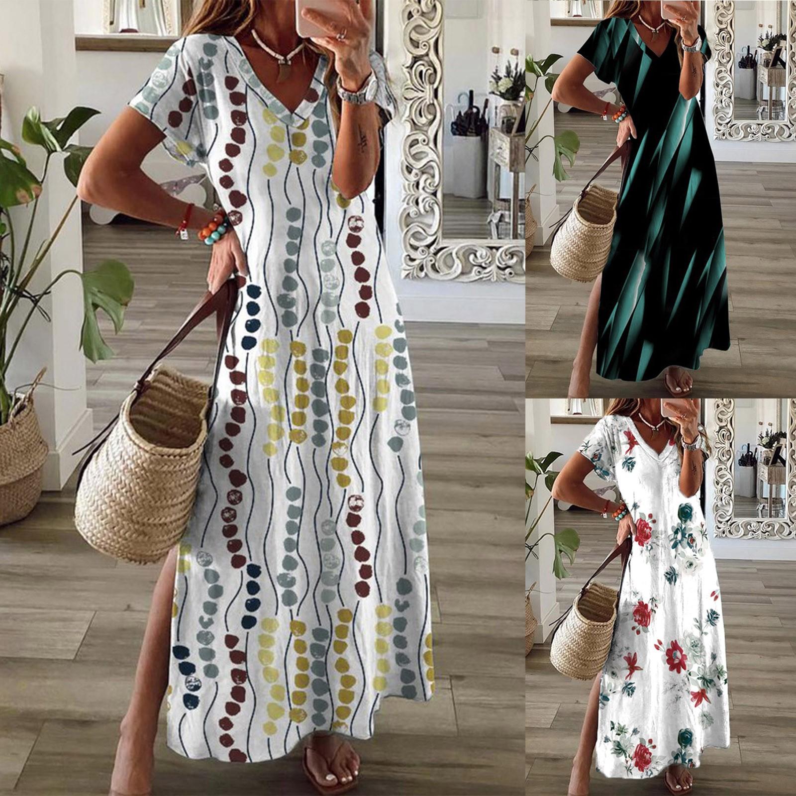 

Женское летнее повседневное свободное платье с длинным рукавом и v-образным вырезом с принтом