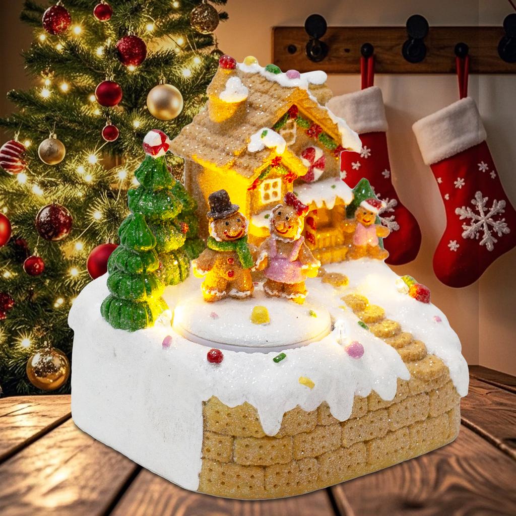 Animierte Weihnachtsdekorationen Lebkuchenhaus Beleuchtet Musikalisch Sammelbares Gebäude Figur Innen Kamin Feiertagsausstellung