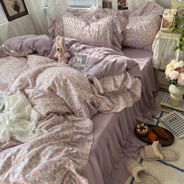 New Korean Princess Style Floral Ruffles Bedding Set Skin-Friendly Soft Duvet Cover Set Bed Sheet Or Bed Skirt Pillowcases