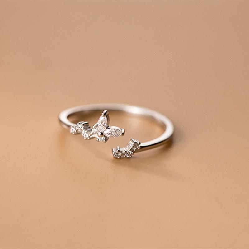 WANTME Anello Aperto Ramo Germoglio Zircone Cristallo di Lusso Argento Sterling 925 Dolce Chic Foglia per Donna Gioiello Anniversario Matrimonio