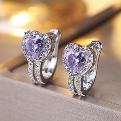 Romantic Purple Zircon Heart Hoop Earrings for Women Silver Color Dangle Earrings Wedding Jewelry Gift