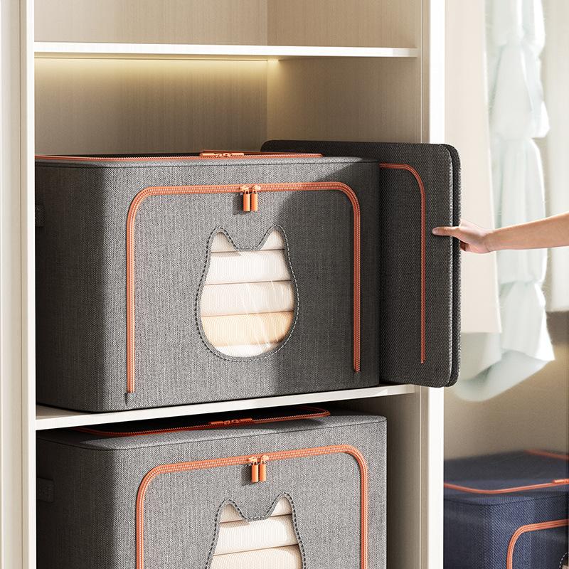 24L 40 X 30 X 20CM Foldable Storage Box with Cat Ear Window Cationic Fabric Steel Frame Organizer