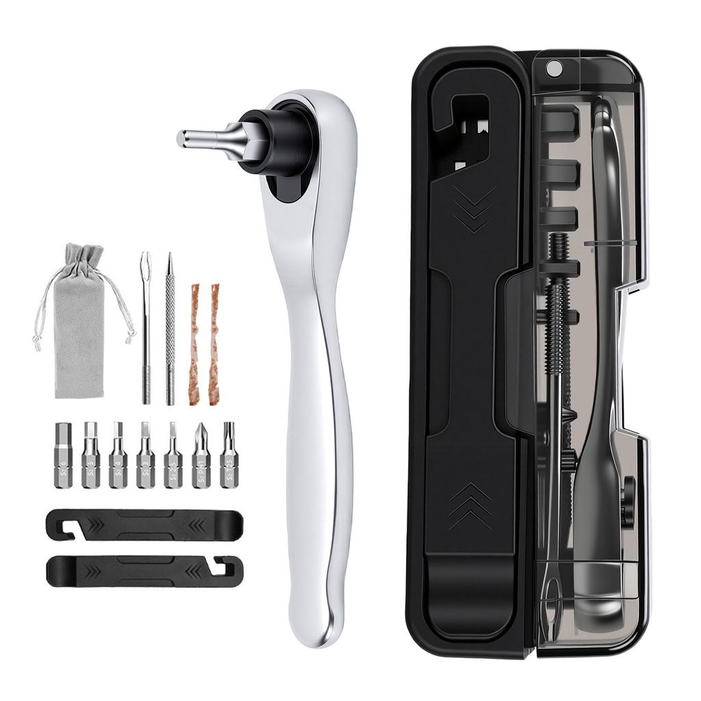 Bike Repair Tool Kit Portable Ratchet Wrench with Tire Levers CO2 Inflator Nozzle for Outdoor Cycling Emergency Style 1