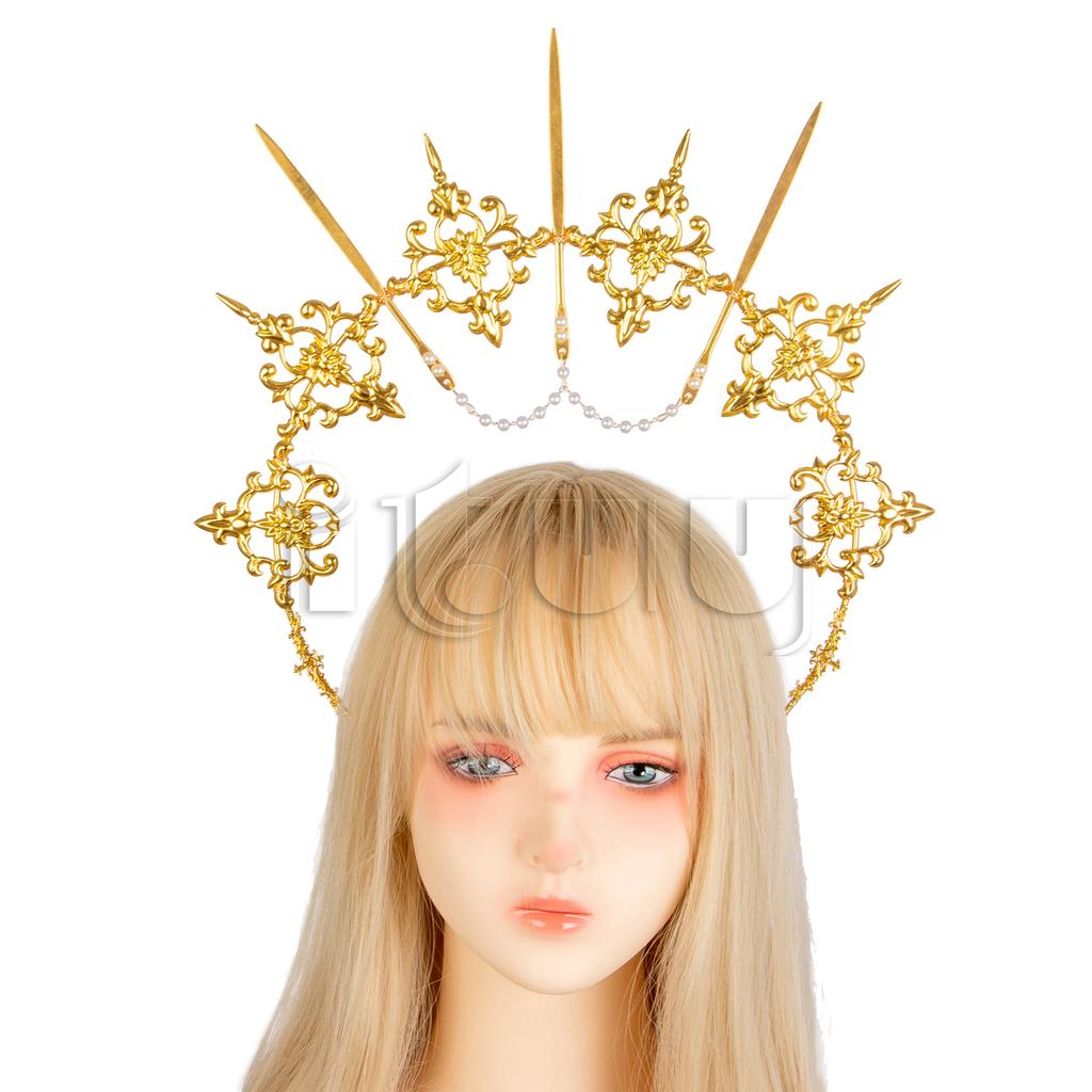 Lolita Corona Aureola Solare Fascia per Capelli Catena di Perline con Nappe Ali d'Angelo Fascia con Spine di Rosa Gotico Vintage Diadema Mary Barocco Copricapo