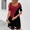 Women's U Neck Short Sleeve Loose Fit Color Block Cut Out Mesh Hem Mini Dress Casual Tunic Dress