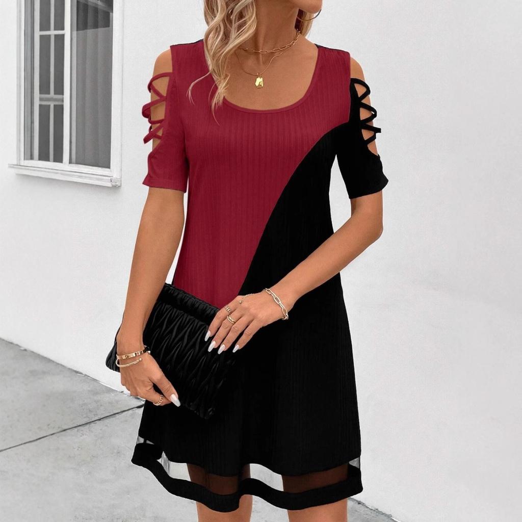 Women's U Neck Short Sleeve Loose Fit Color Block Cut Out Mesh Hem Mini Dress Casual Tunic Dress