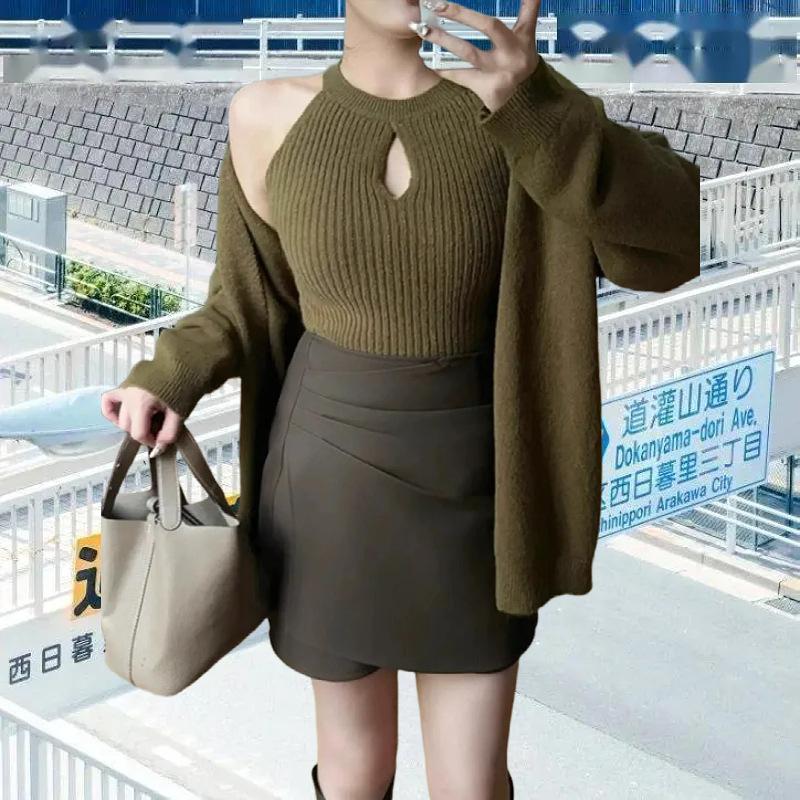 

Two-piece sweater sweet and spicy suspender knitted cardigan autumn and winter new slightly fat sexy and thin fashion suit women s sweater One size зелёный