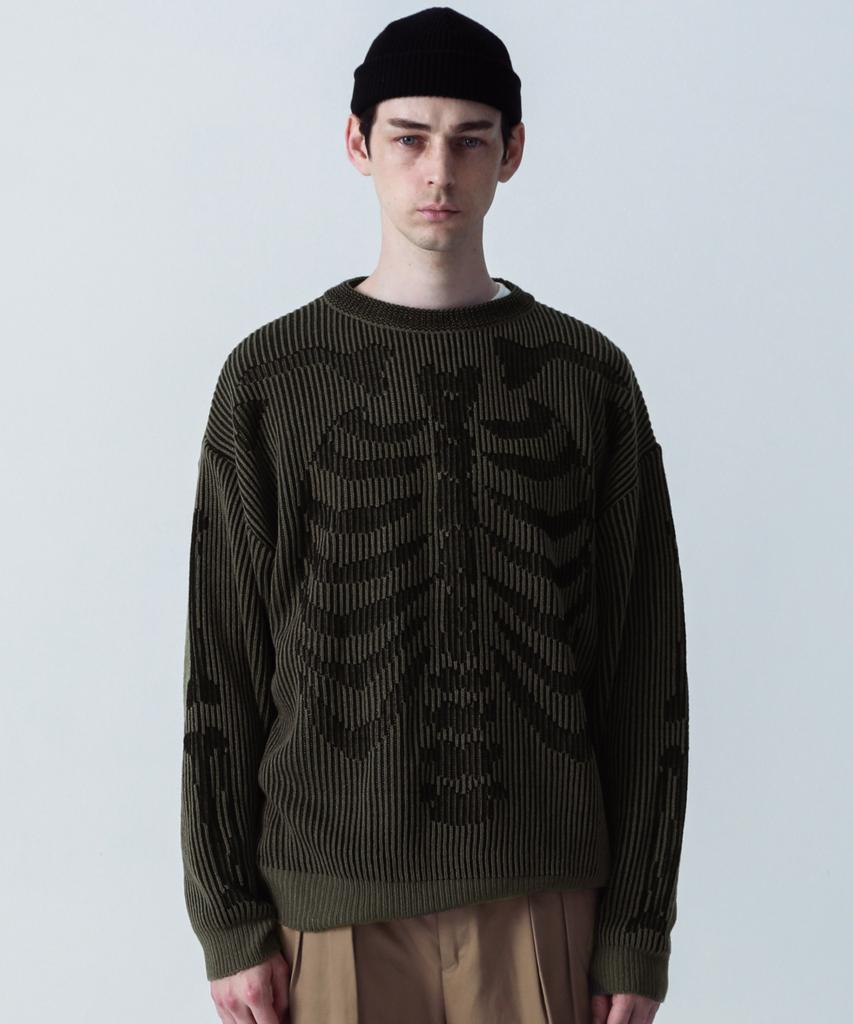 STAGE NAME Two-Tone Skeleton Bones Round Neck Oversized Knit_Khaki