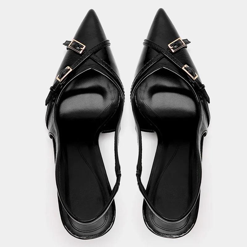 Luxuriöse Damen-Sommersandalen Elegante Schwarze Spitz zulaufende High Heels Büro-Damenschuhe Kreuzschnallenriemen Modisches Schuhwerk