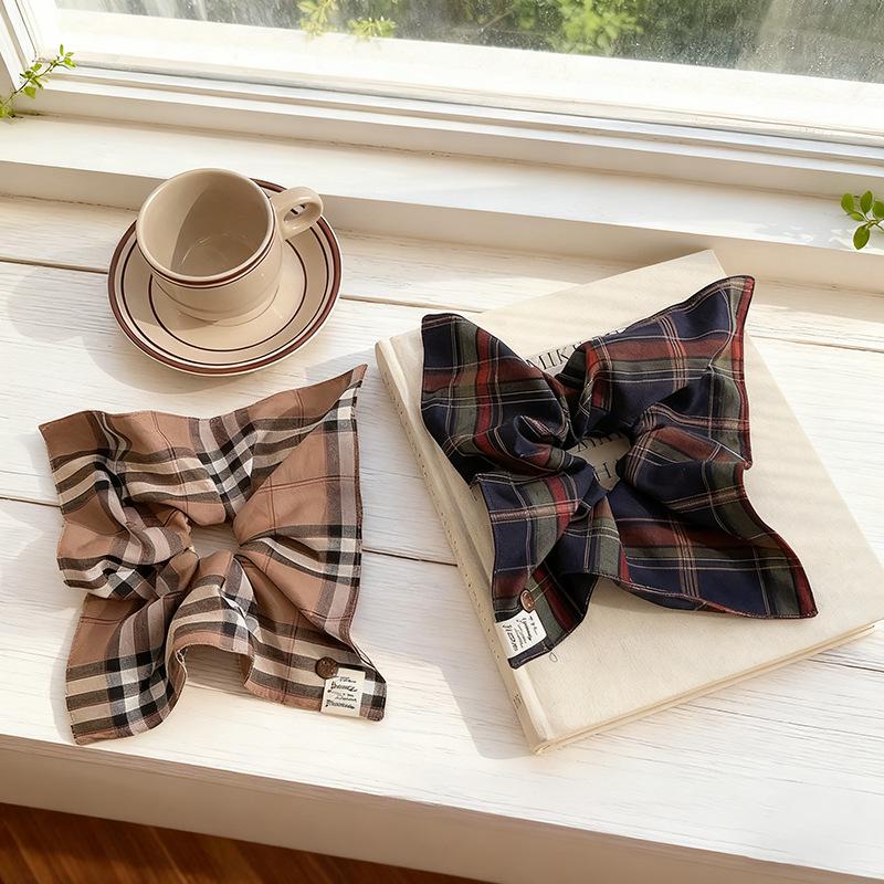 British College Plaid Hair Tie Scarf - Versatile Buttoned Square Fabric for Low Ponytail