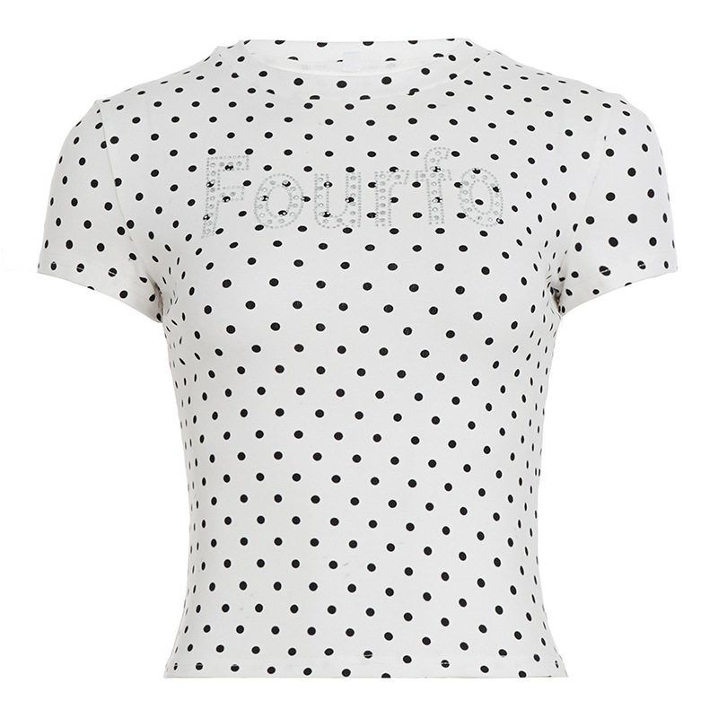 

American Retro Letter Print Rhinestone Polka Dot Round Neck Short-Sleeve T-Shirt, New Summer Style, Simple and Versatile Slim-Fit Top White S