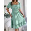 GMXIA Spring and Summer Casual Square-neck Short-sleeved, Waist-cinched, Ruffled A-line Skirt Women's Clothing