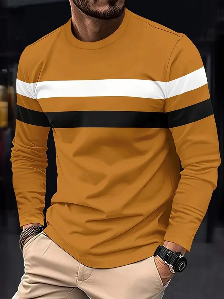 Men's All-Season Long Sleeve T-Shirt Horizontal Stripe Shirt Regular Fit Athletic Top for Gym Running Casual Outfits