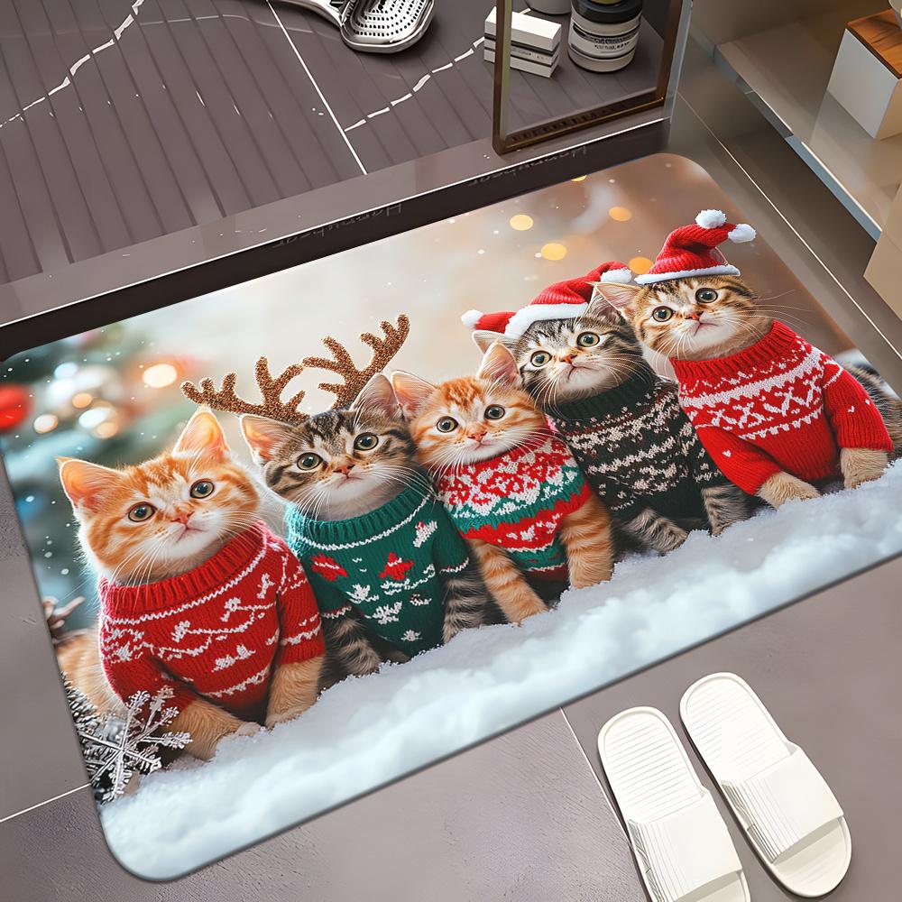 Festive Christmas Cats Printed Doormat, HD Non-Slip Microfiber Rug, Absorbent Machine Washable Pet Lover Door Carpet